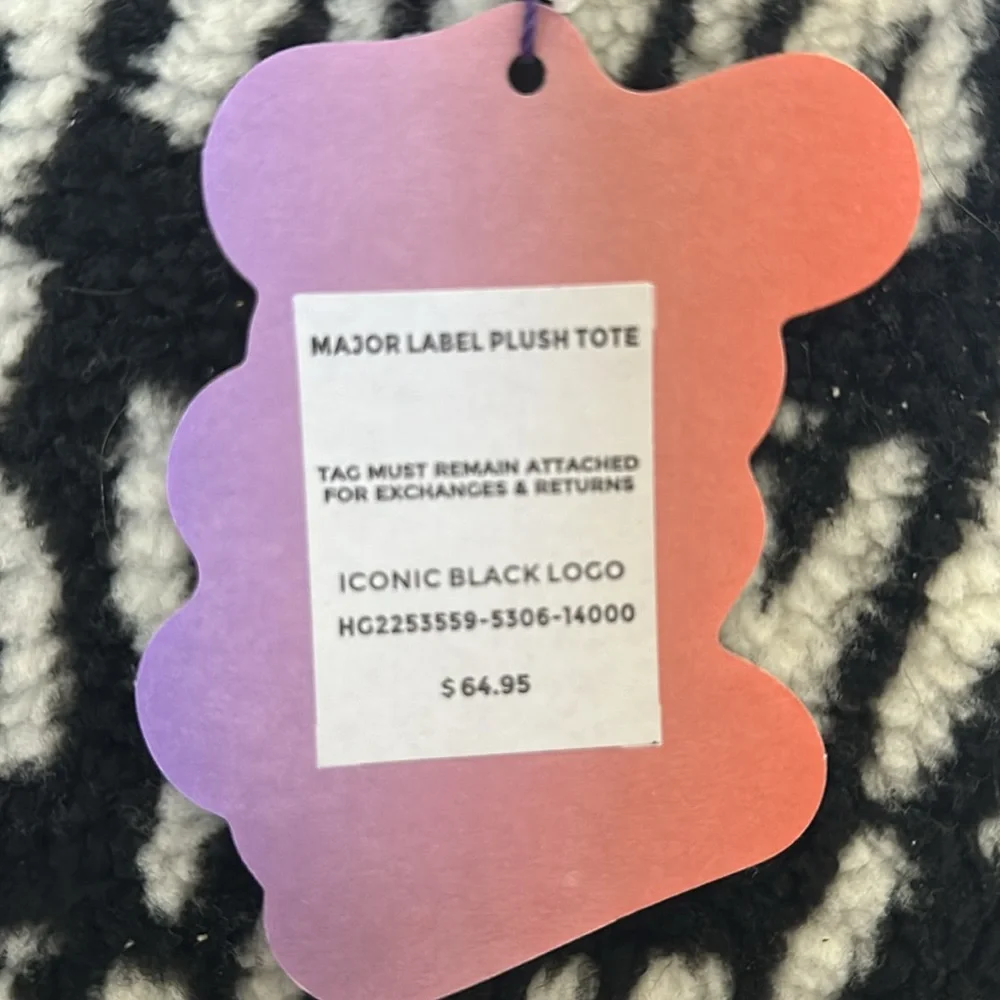 Yitty Major Label plush tote NWT black and white w/brown patent leather handles - Picture 5 of 6